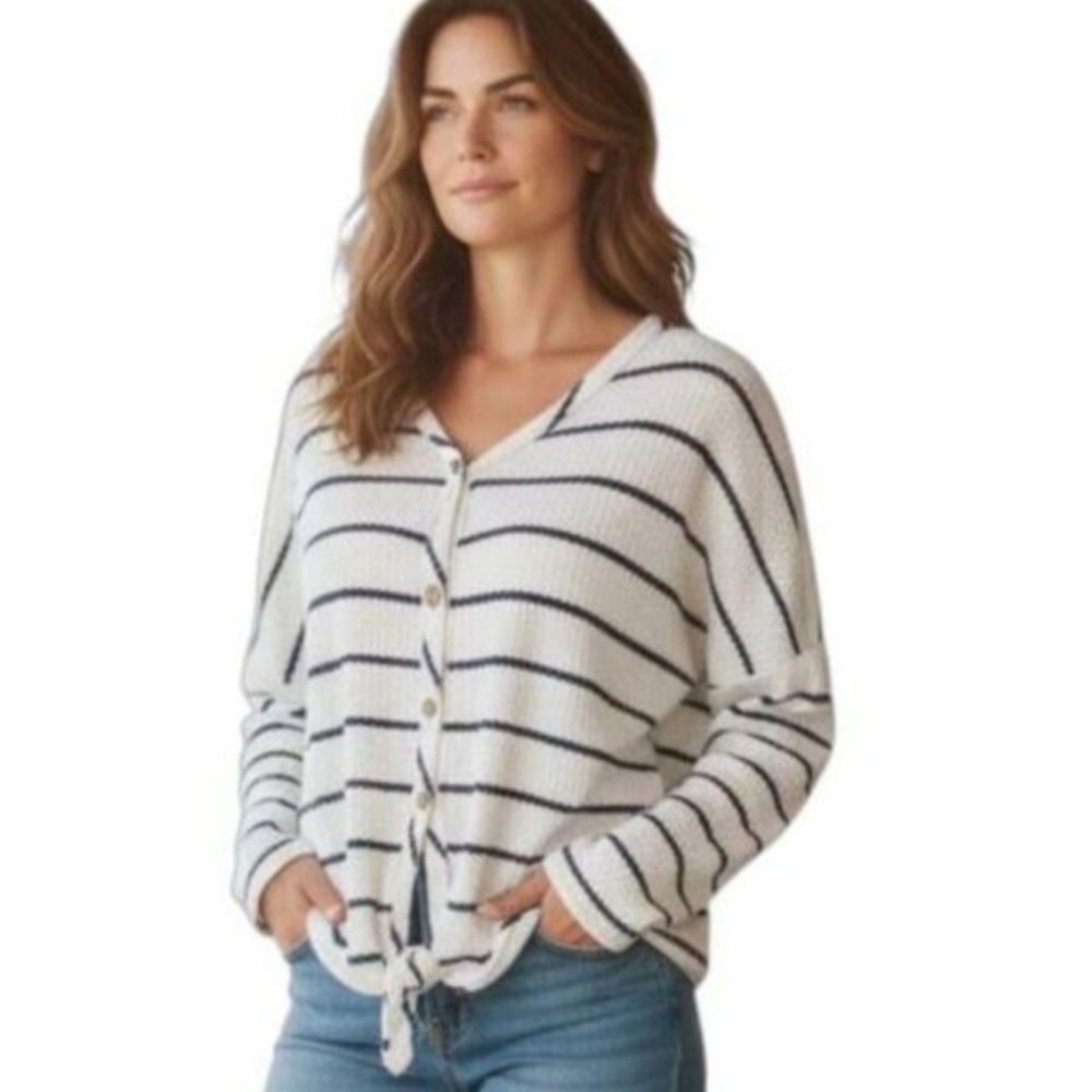 PAPER CRANE WHITE & NAVY STRIPE WAFFLE KNIT BUTTON DOWN SHIRT SZ.M EUC